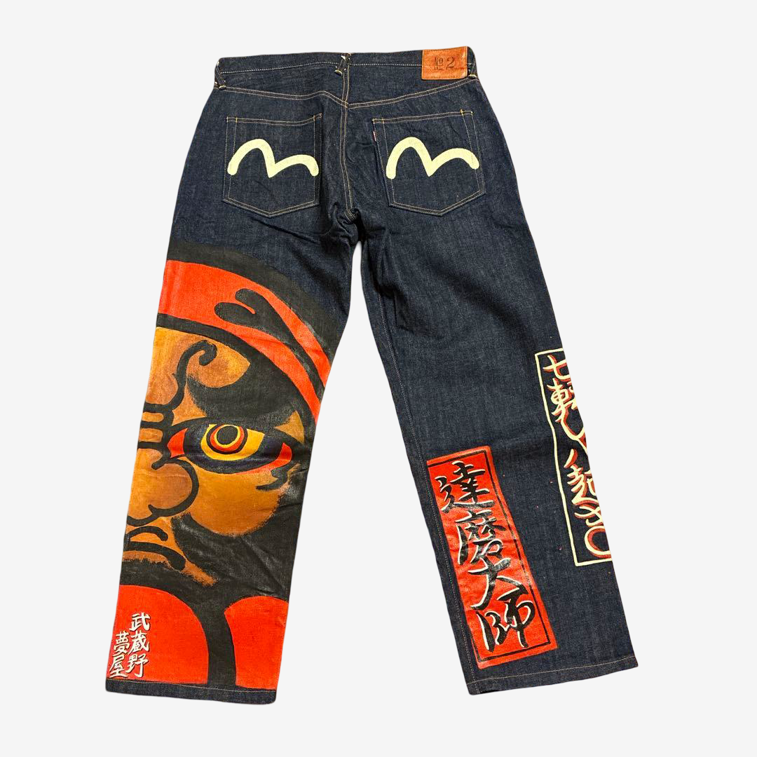 Vintage EVISU Yamane No.2 Daruma Daishi Hand-Painted Jeans Japanese Kanji Kamome Denim