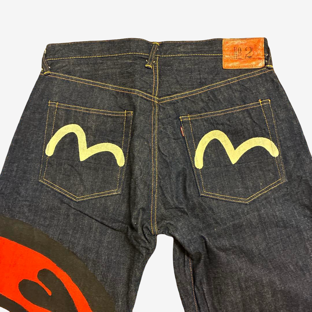 Vintage EVISU Yamane No.2 Daruma Daishi Hand-Painted Jeans Japanese Kanji Kamome Denim