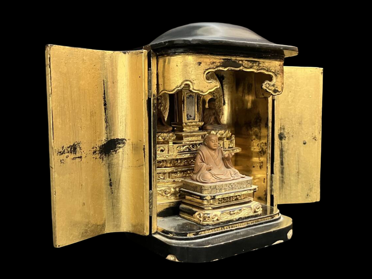 Edo Period Giltwood Portable Zushi Shrine — Nichiren Shonin with Triratna (Sanbōson), Black Lacquer & Gold, Japan