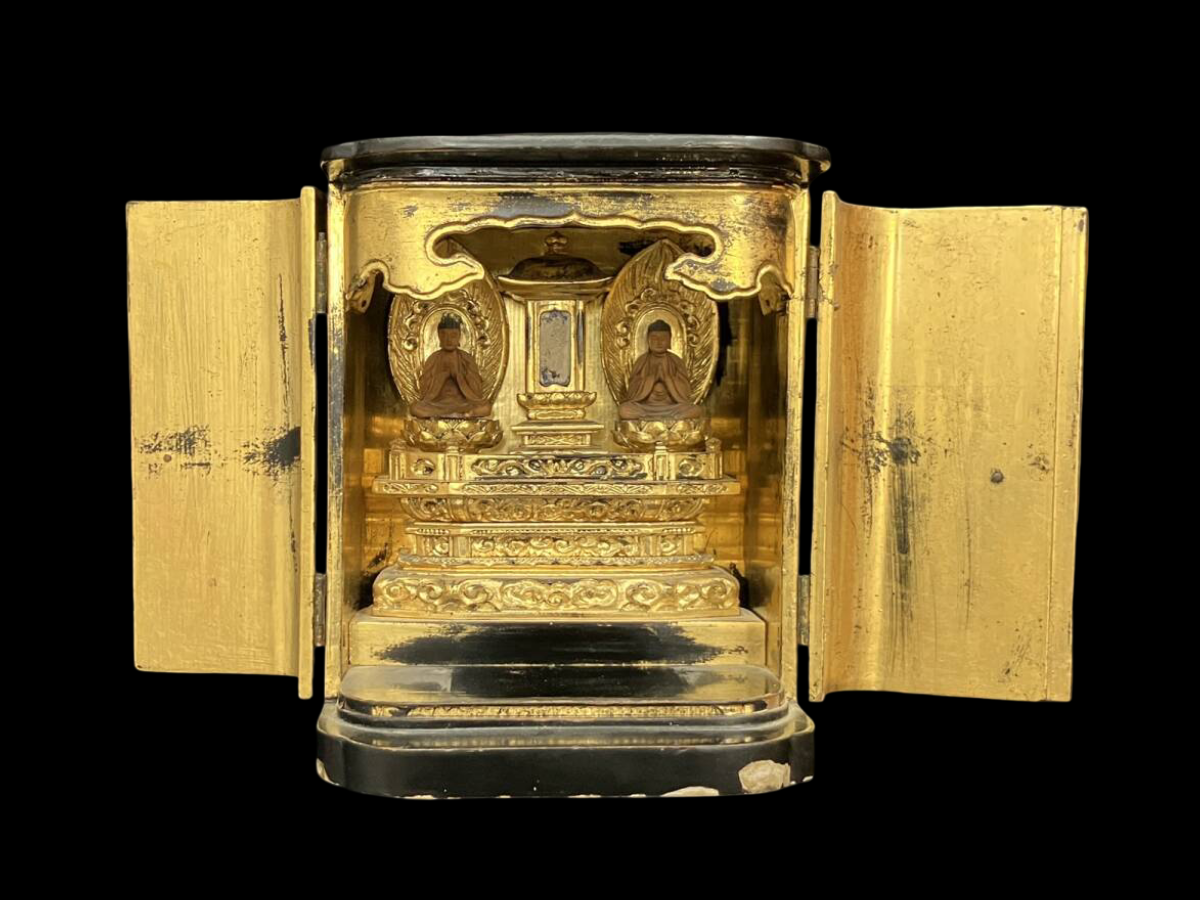 Edo Period Giltwood Portable Zushi Shrine — Nichiren Shonin with Triratna (Sanbōson), Black Lacquer & Gold, Japan