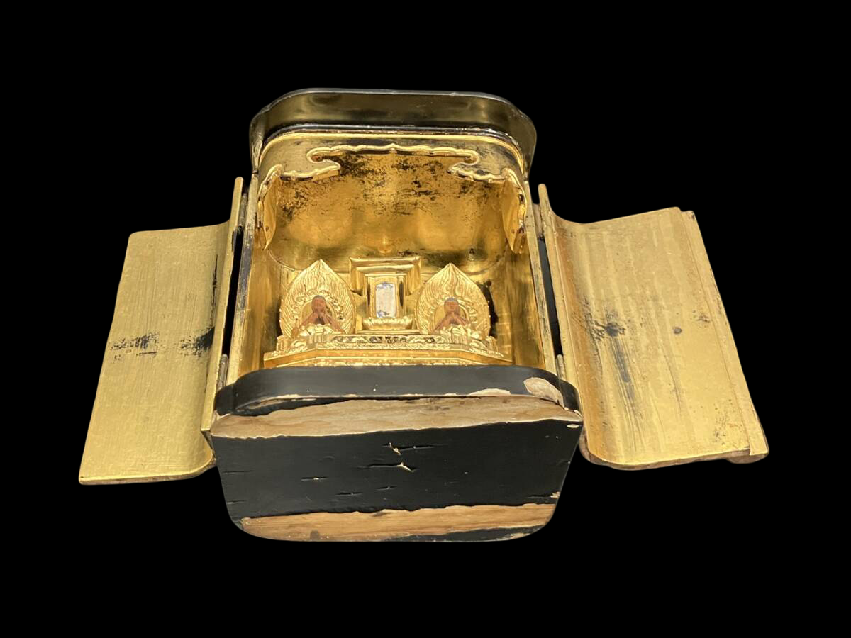 Edo Period Giltwood Portable Zushi Shrine — Nichiren Shonin with Triratna (Sanbōson), Black Lacquer & Gold, Japan
