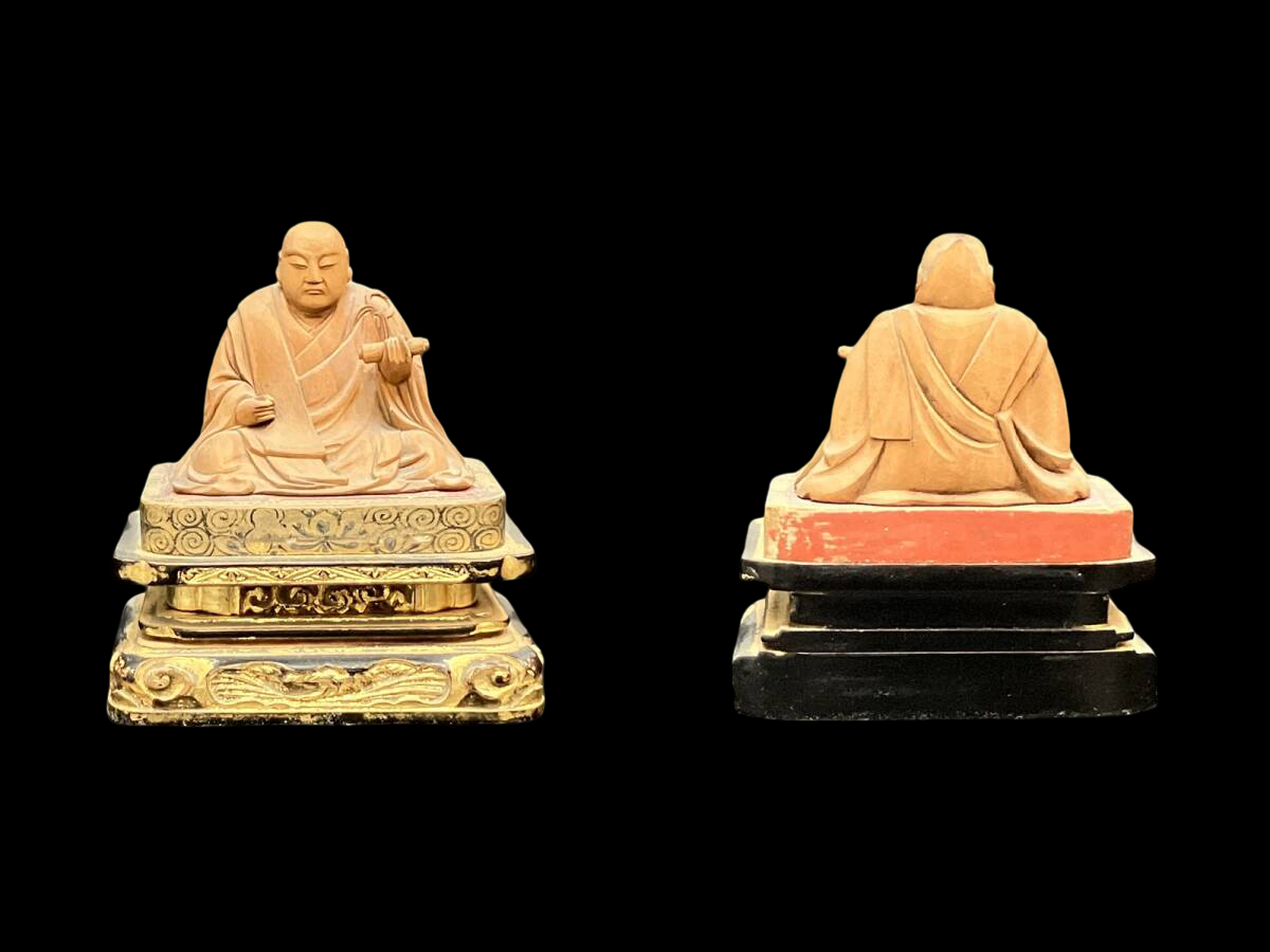 Edo Period Giltwood Portable Zushi Shrine — Nichiren Shonin with Triratna (Sanbōson), Black Lacquer & Gold, Japan
