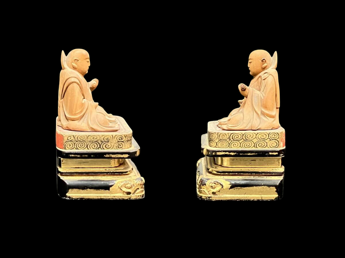 Edo Period Giltwood Portable Zushi Shrine — Nichiren Shonin with Triratna (Sanbōson), Black Lacquer & Gold, Japan