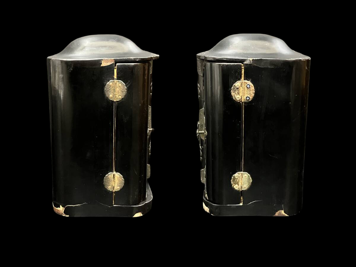 Edo Period Giltwood Portable Zushi Shrine — Nichiren Shonin with Triratna (Sanbōson), Black Lacquer & Gold, Japan