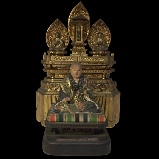 Nichiren Sect Triad Altar with Hand‑Painted Wooden Nichiren Figure | Gilt Lacquer Buddhist Altar | Edo–Meiji Period