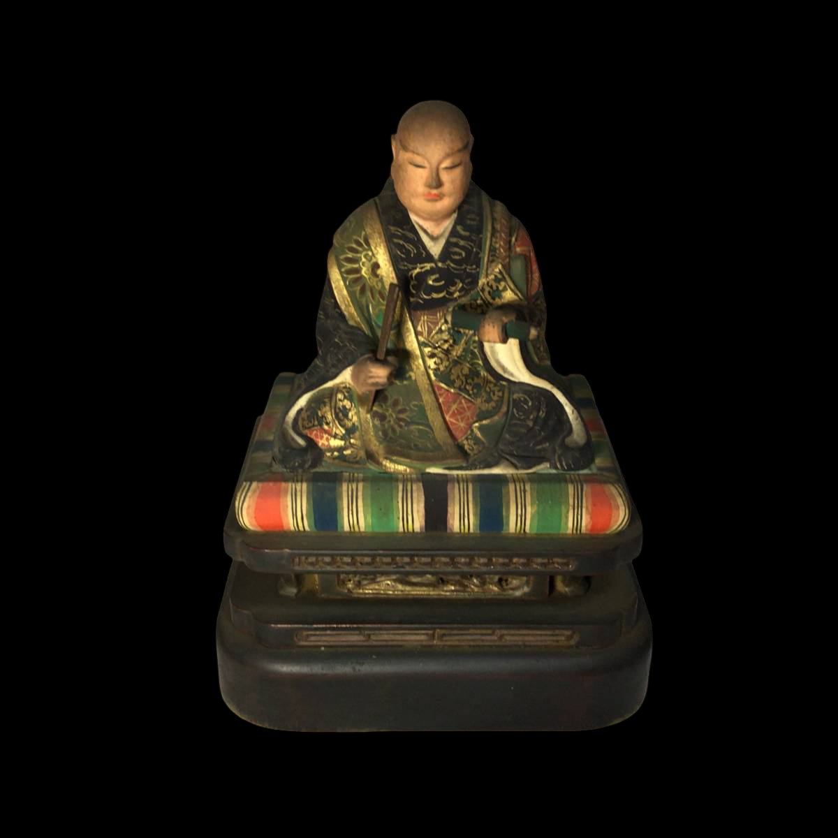 Nichiren Sect Triad Altar with Hand‑Painted Wooden Nichiren Figure | Gilt Lacquer Buddhist Altar | Edo–Meiji Period