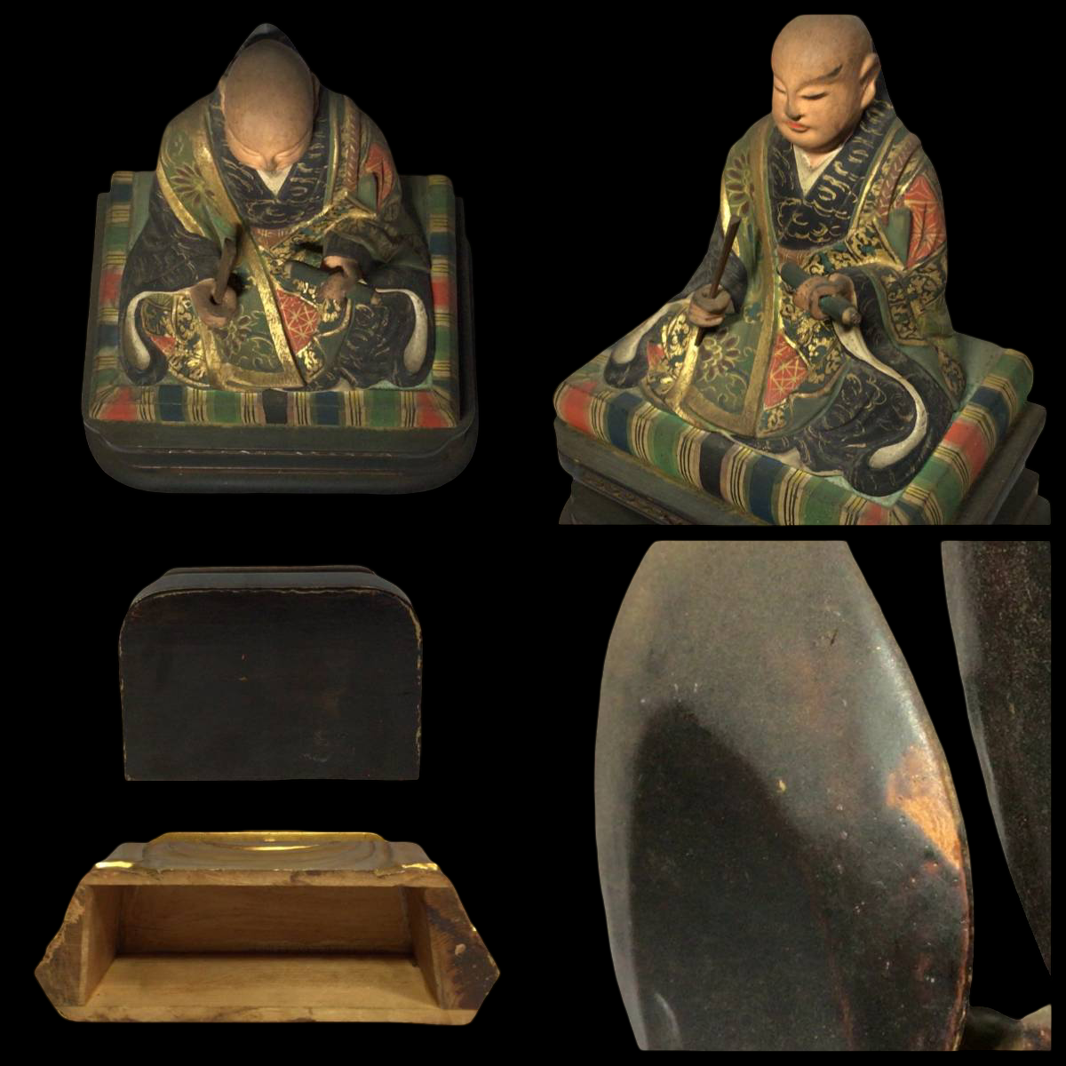 Nichiren Sect Triad Altar with Hand‑Painted Wooden Nichiren Figure | Gilt Lacquer Buddhist Altar | Edo–Meiji Period