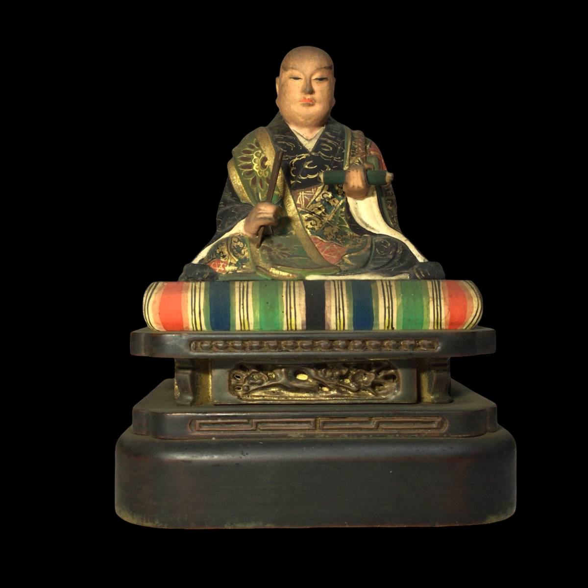 Nichiren Sect Triad Altar with Hand‑Painted Wooden Nichiren Figure | Gilt Lacquer Buddhist Altar | Edo–Meiji Period