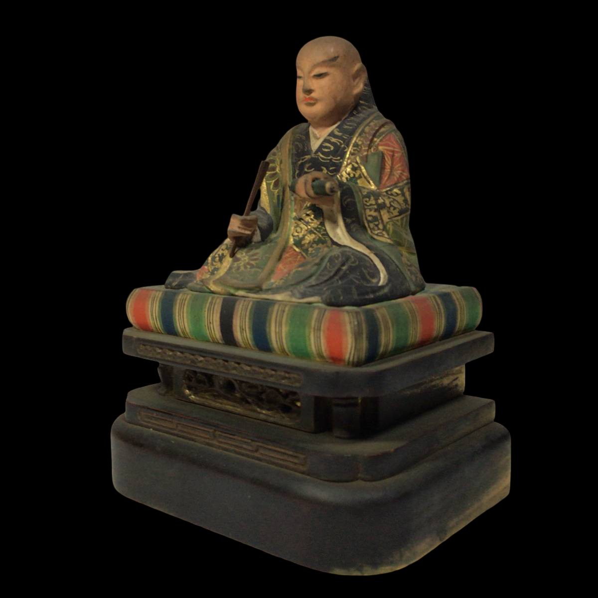 Nichiren Sect Triad Altar with Hand‑Painted Wooden Nichiren Figure | Gilt Lacquer Buddhist Altar | Edo–Meiji Period