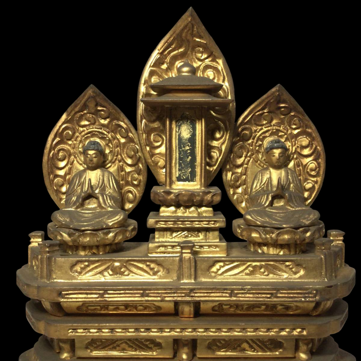 Nichiren Sect Triad Altar with Hand‑Painted Wooden Nichiren Figure | Gilt Lacquer Buddhist Altar | Edo–Meiji Period