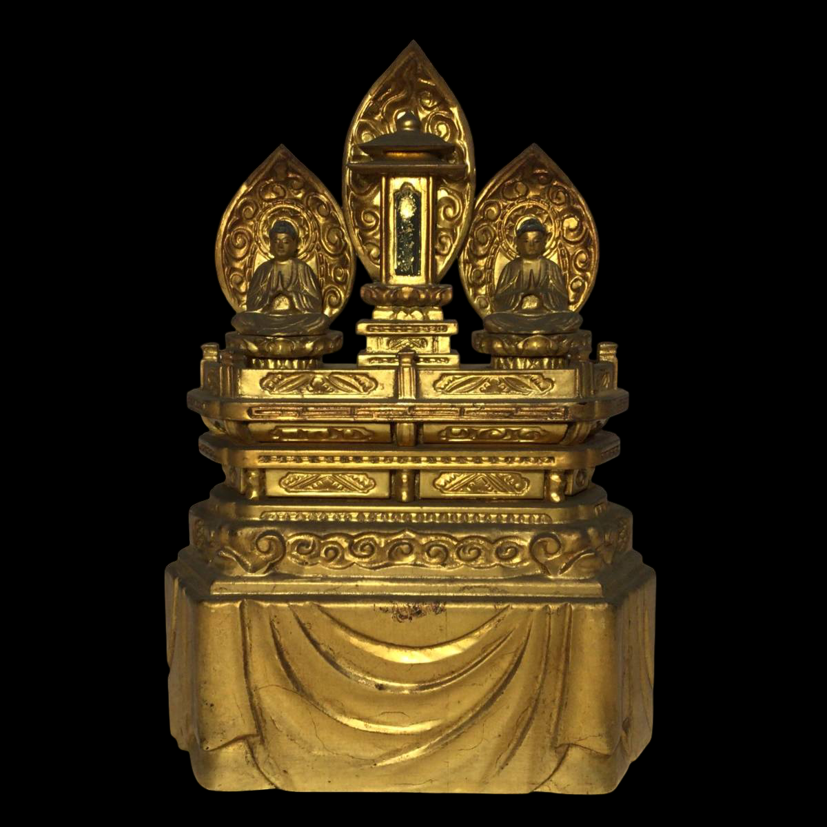 Nichiren Sect Triad Altar with Hand‑Painted Wooden Nichiren Figure | Gilt Lacquer Buddhist Altar | Edo–Meiji Period