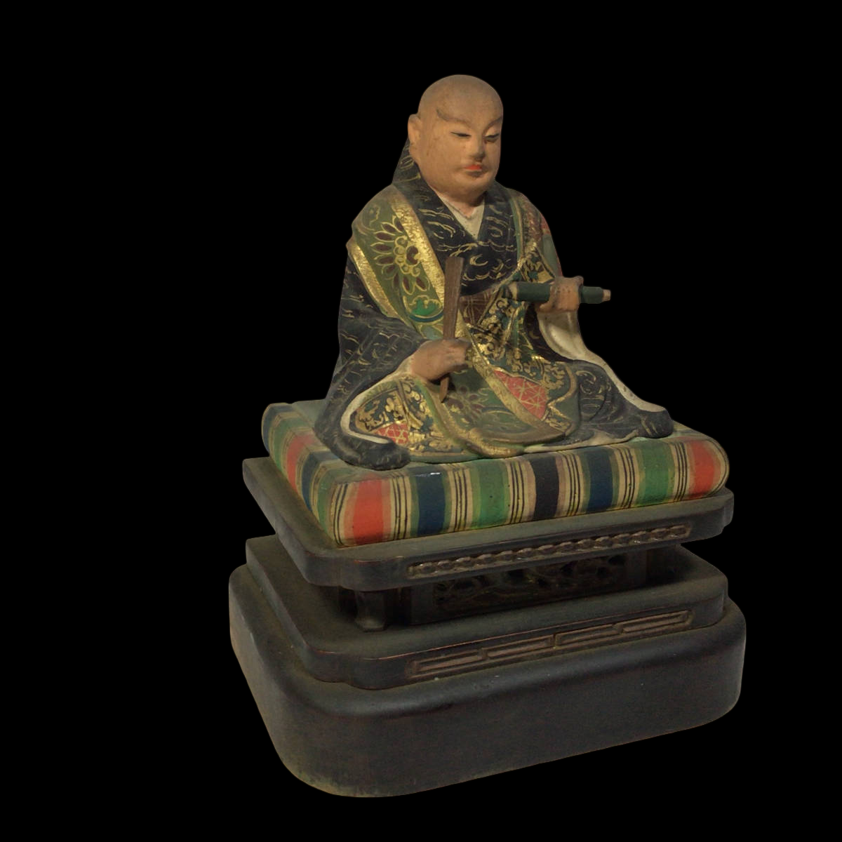 Nichiren Sect Triad Altar with Hand‑Painted Wooden Nichiren Figure | Gilt Lacquer Buddhist Altar | Edo–Meiji Period