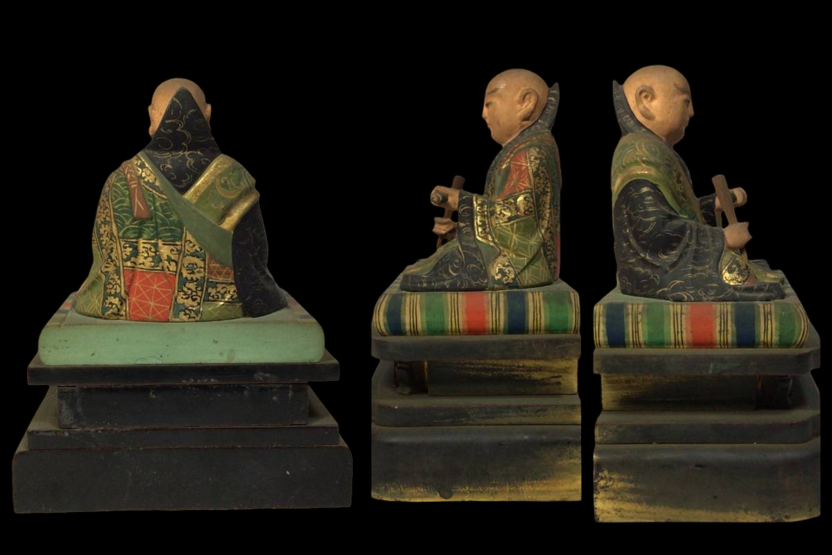 Nichiren Sect Triad Altar with Hand‑Painted Wooden Nichiren Figure | Gilt Lacquer Buddhist Altar | Edo–Meiji Period