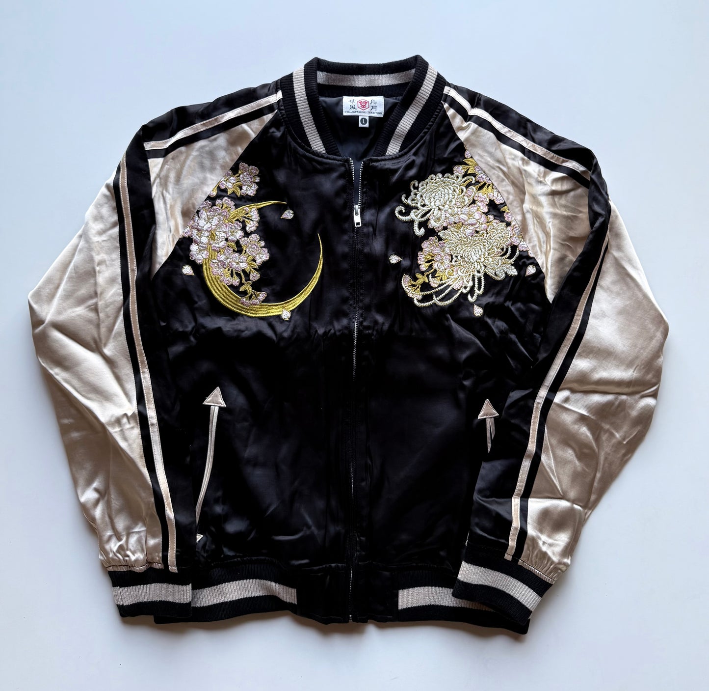 Oboro Oiran Sukajan Jacket Japanese Geisha Embroidered Cherry Blossom Chrysanthemum Moon Satin Bomber Size L