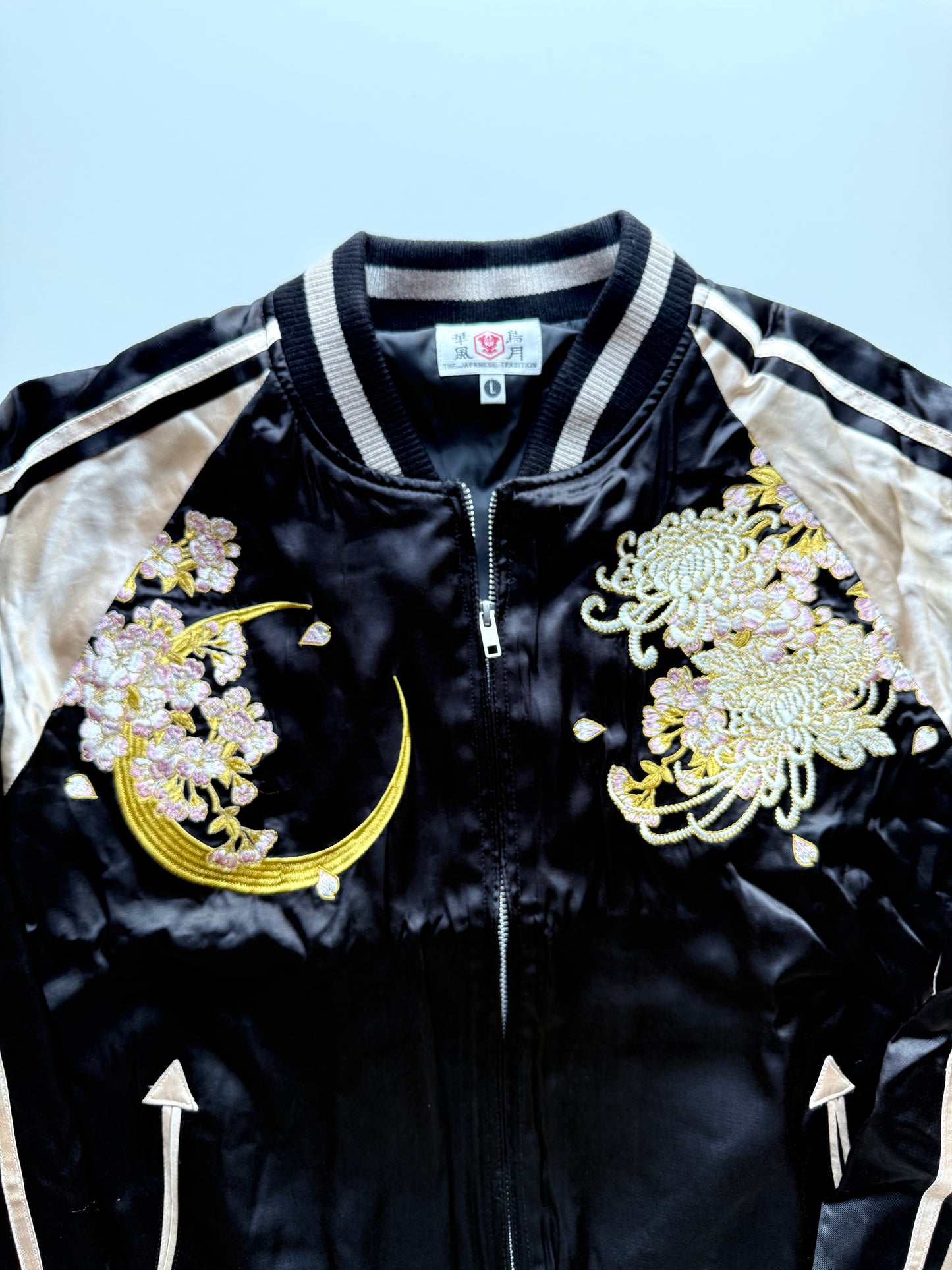 Oboro Oiran Sukajan Jacket Japanese Geisha Embroidered Cherry Blossom Chrysanthemum Moon Satin Bomber Size L