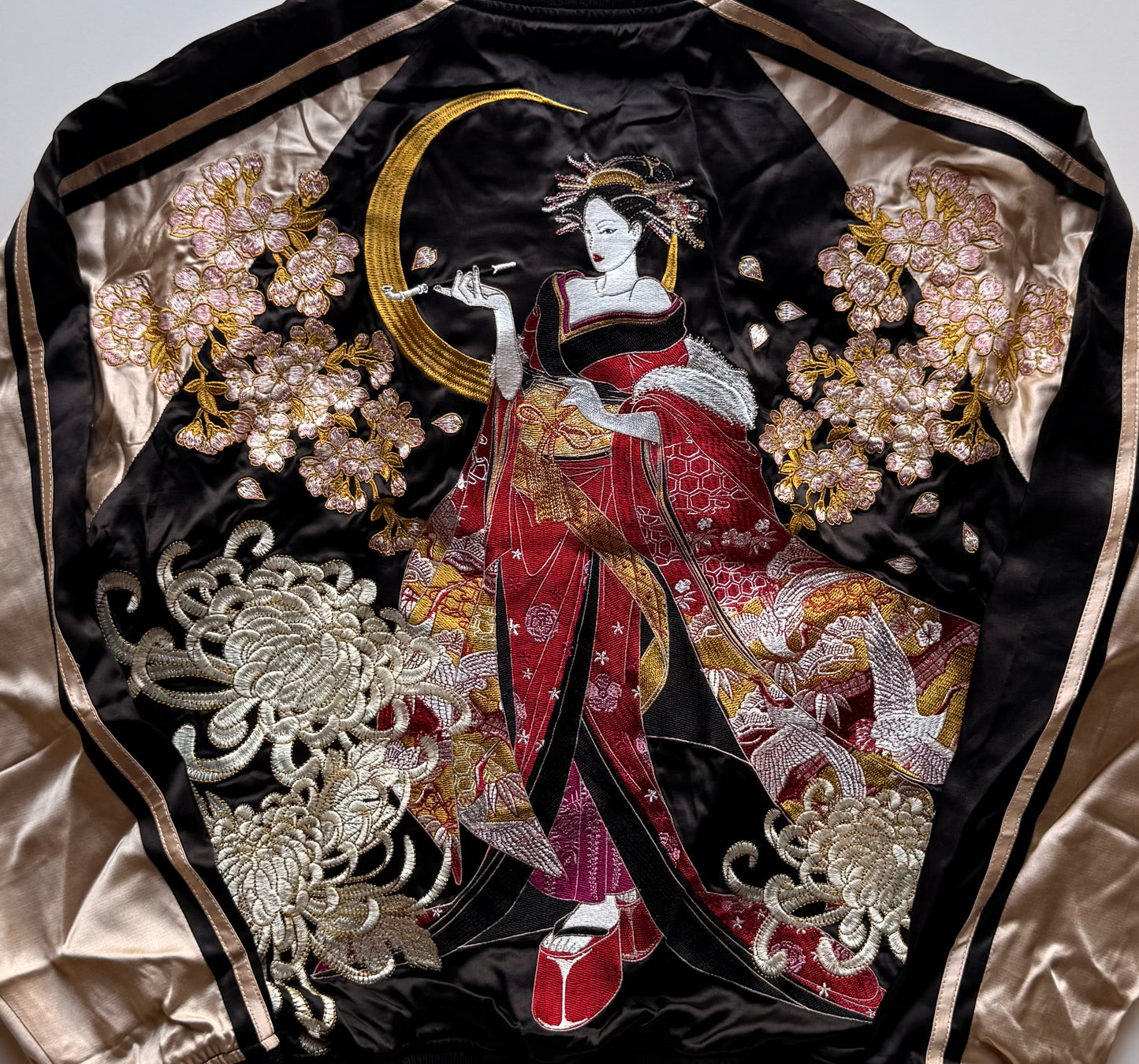 Oboro Oiran Sukajan Jacket Japanese Geisha Embroidered Cherry Blossom Chrysanthemum Moon Satin Bomber Size L
