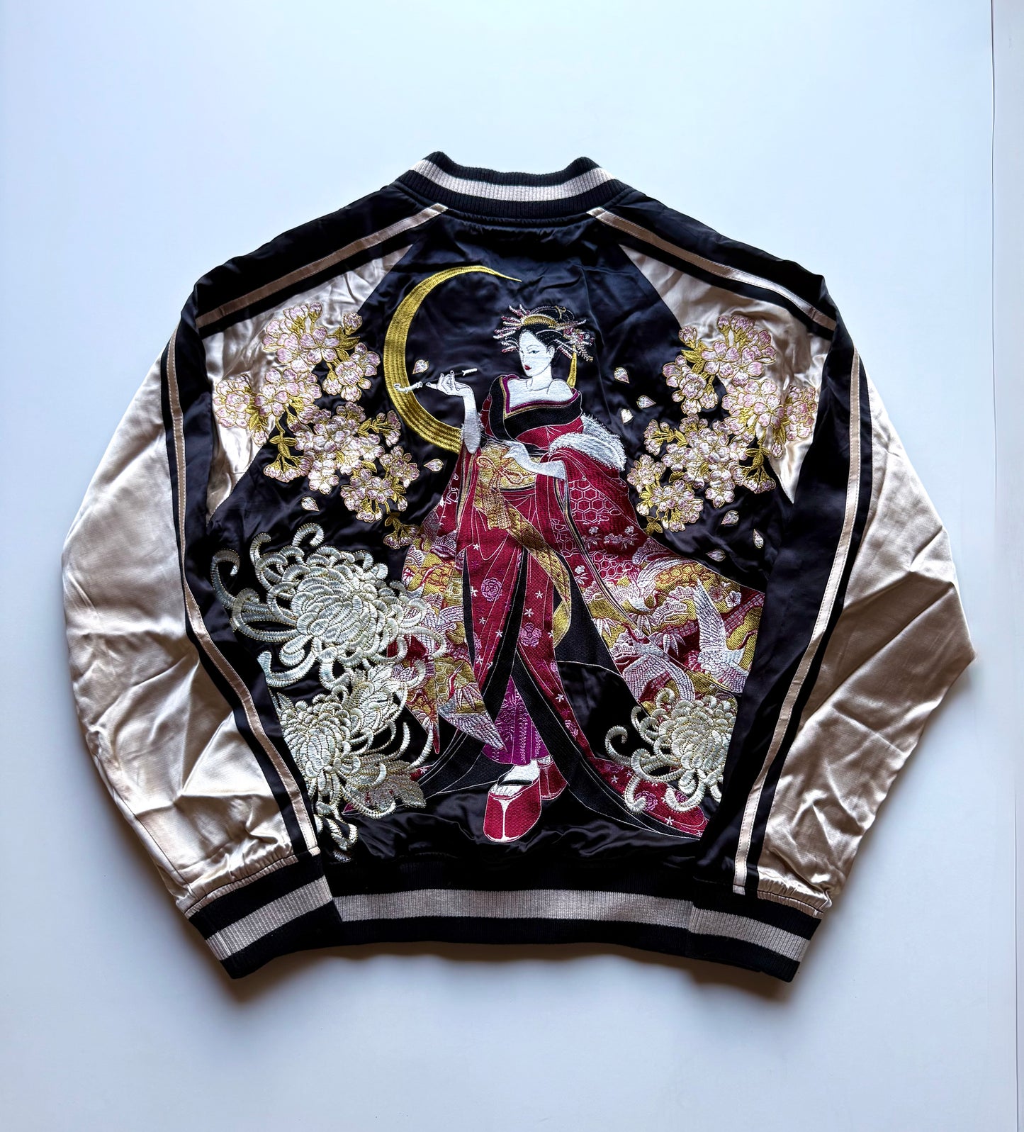 Oboro Oiran Sukajan Jacket Japanese Geisha Embroidered Cherry Blossom Chrysanthemum Moon Satin Bomber Size L