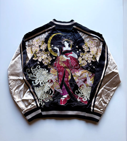 Oboro Oiran Sukajan Jacket Japanese Geisha Embroidered Cherry Blossom Chrysanthemum Moon Satin Bomber Size L
