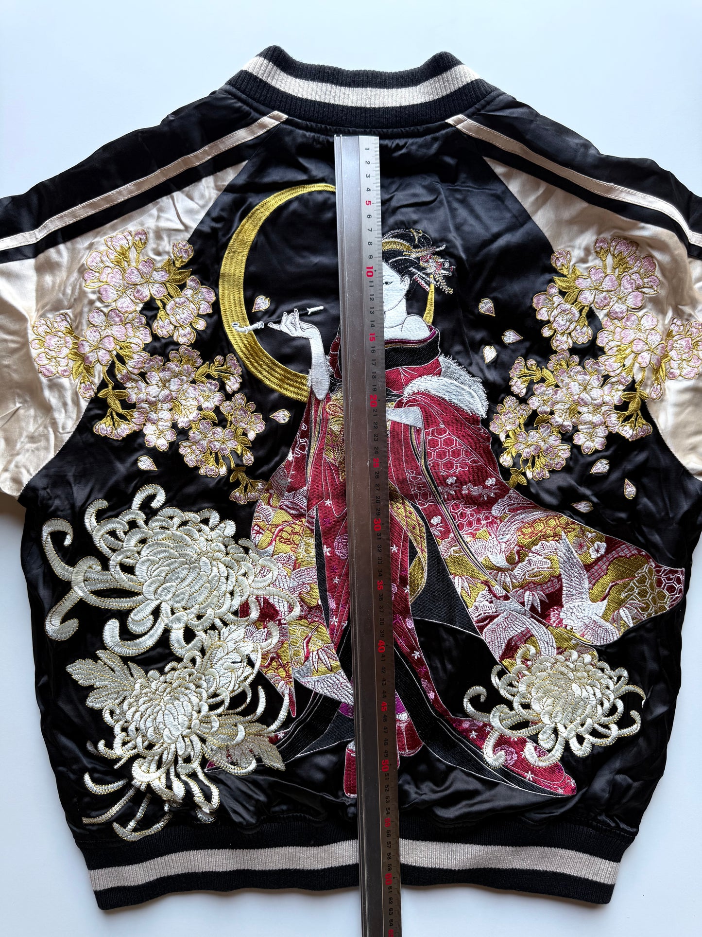 Oboro Oiran Sukajan Jacket Japanese Geisha Embroidered Cherry Blossom Chrysanthemum Moon Satin Bomber Size L