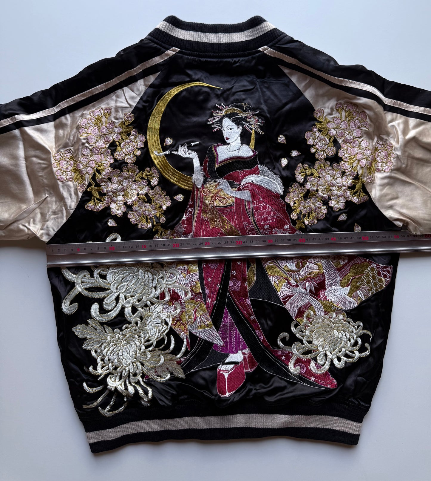 Oboro Oiran Sukajan Jacket Japanese Geisha Embroidered Cherry Blossom Chrysanthemum Moon Satin Bomber Size L