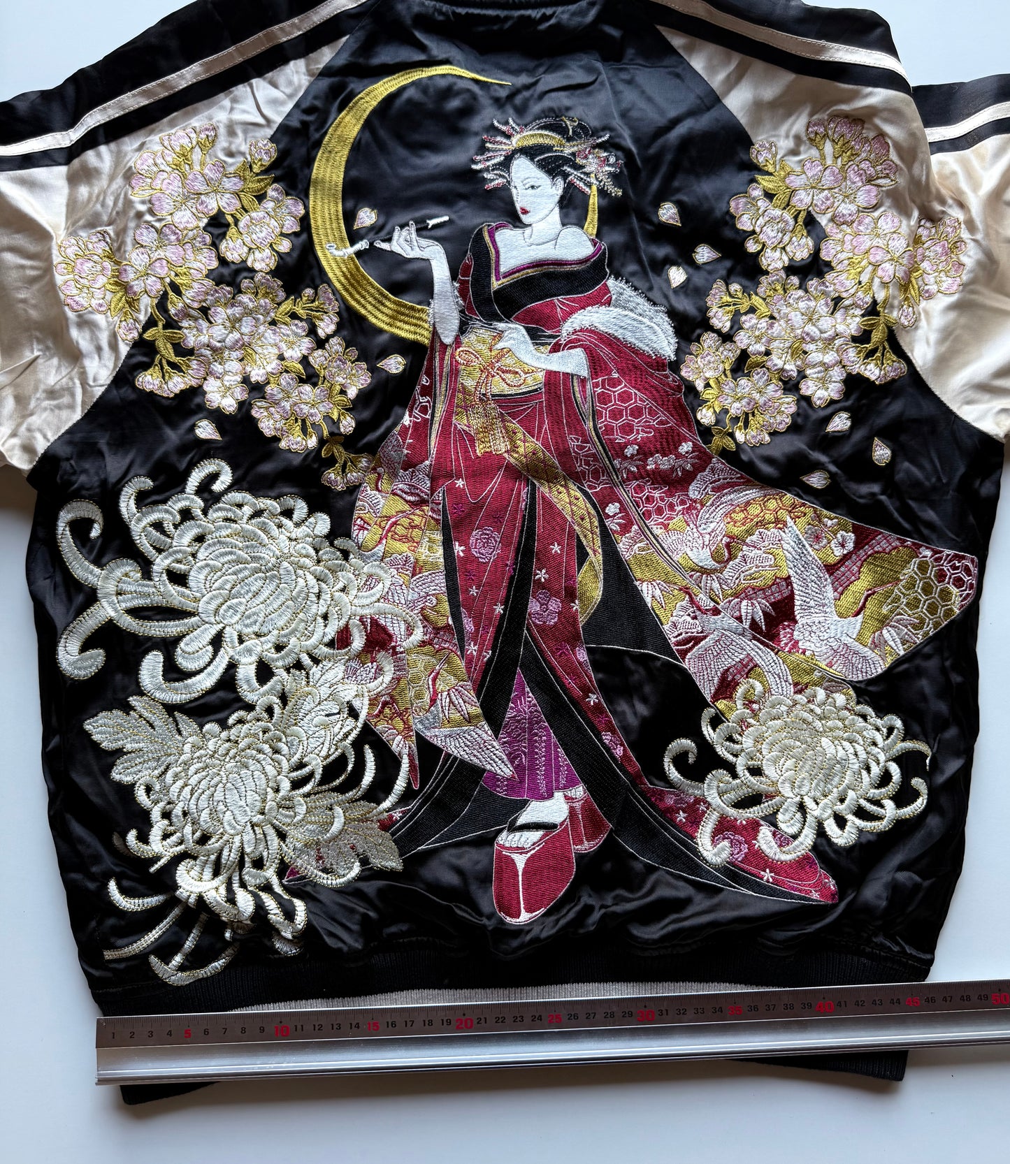 Oboro Oiran Sukajan Jacket Japanese Geisha Embroidered Cherry Blossom Chrysanthemum Moon Satin Bomber Size L