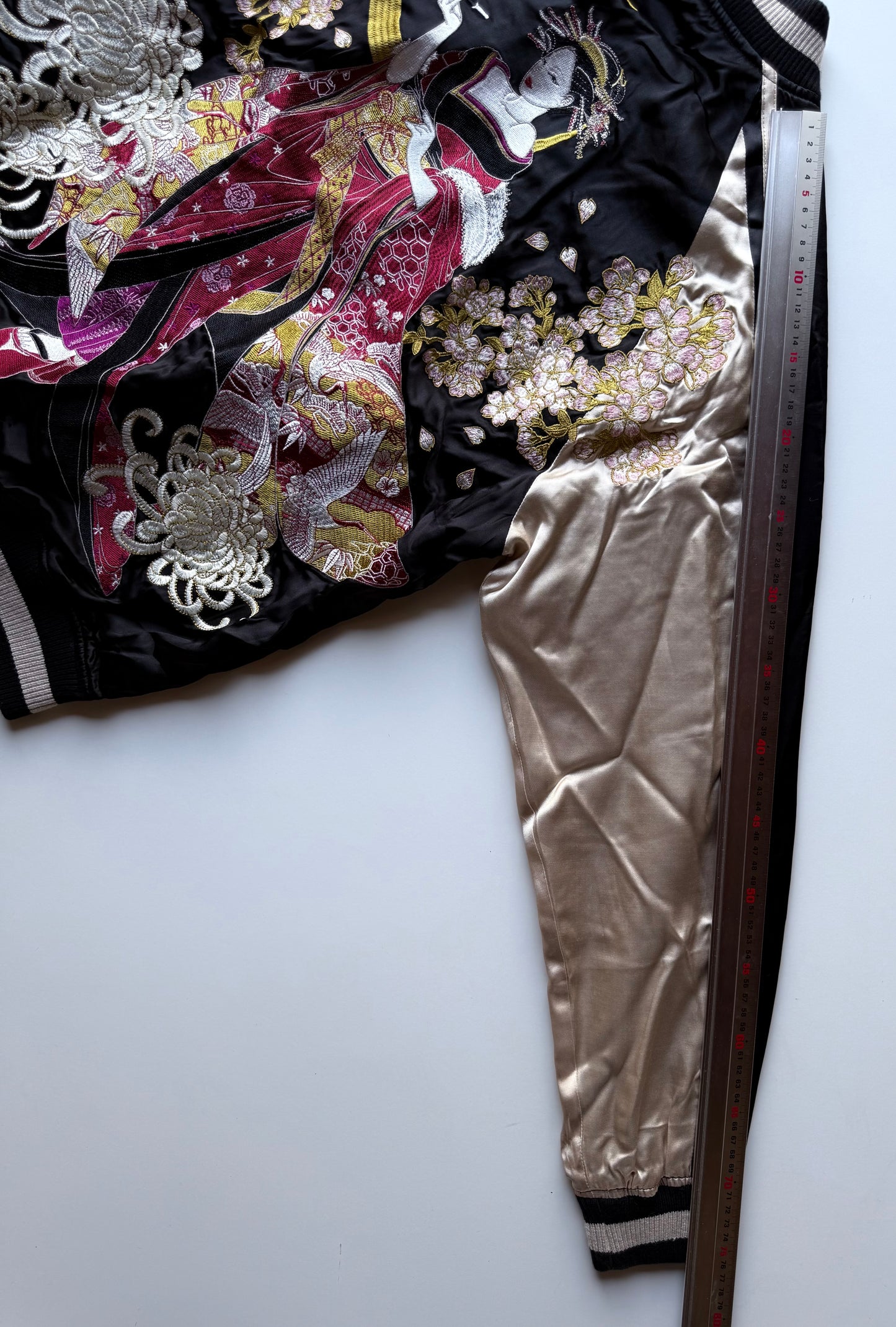 Oboro Oiran Sukajan Jacket Japanese Geisha Embroidered Cherry Blossom Chrysanthemum Moon Satin Bomber Size L