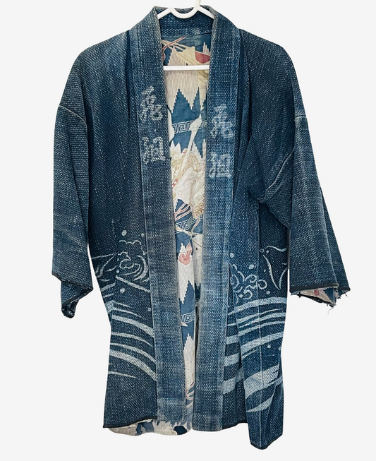 Vintage Japanese Indigo Sashiko Hanten Jacket Wave Crane Lining Early Showa Fireman Workwear Coat