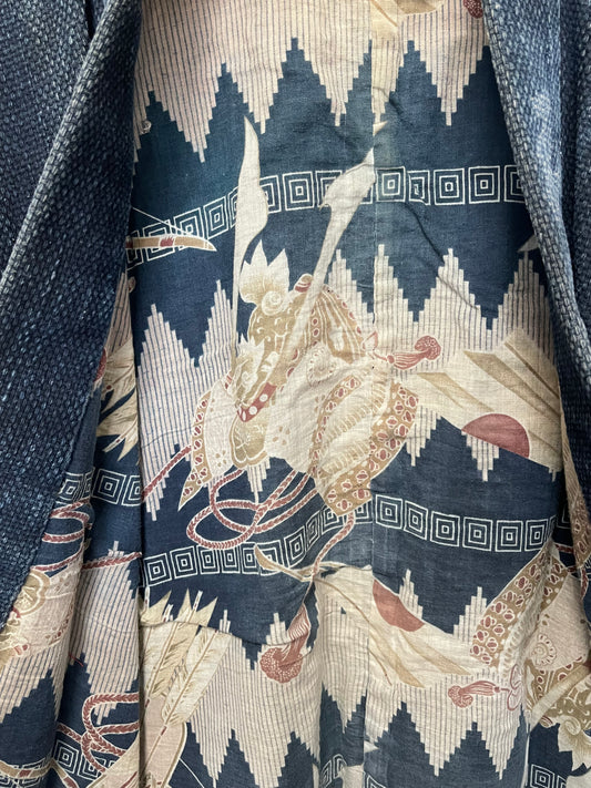 Vintage Japanese Indigo Sashiko Hanten Jacket Wave Crane Lining Early Showa Fireman Workwear Coat