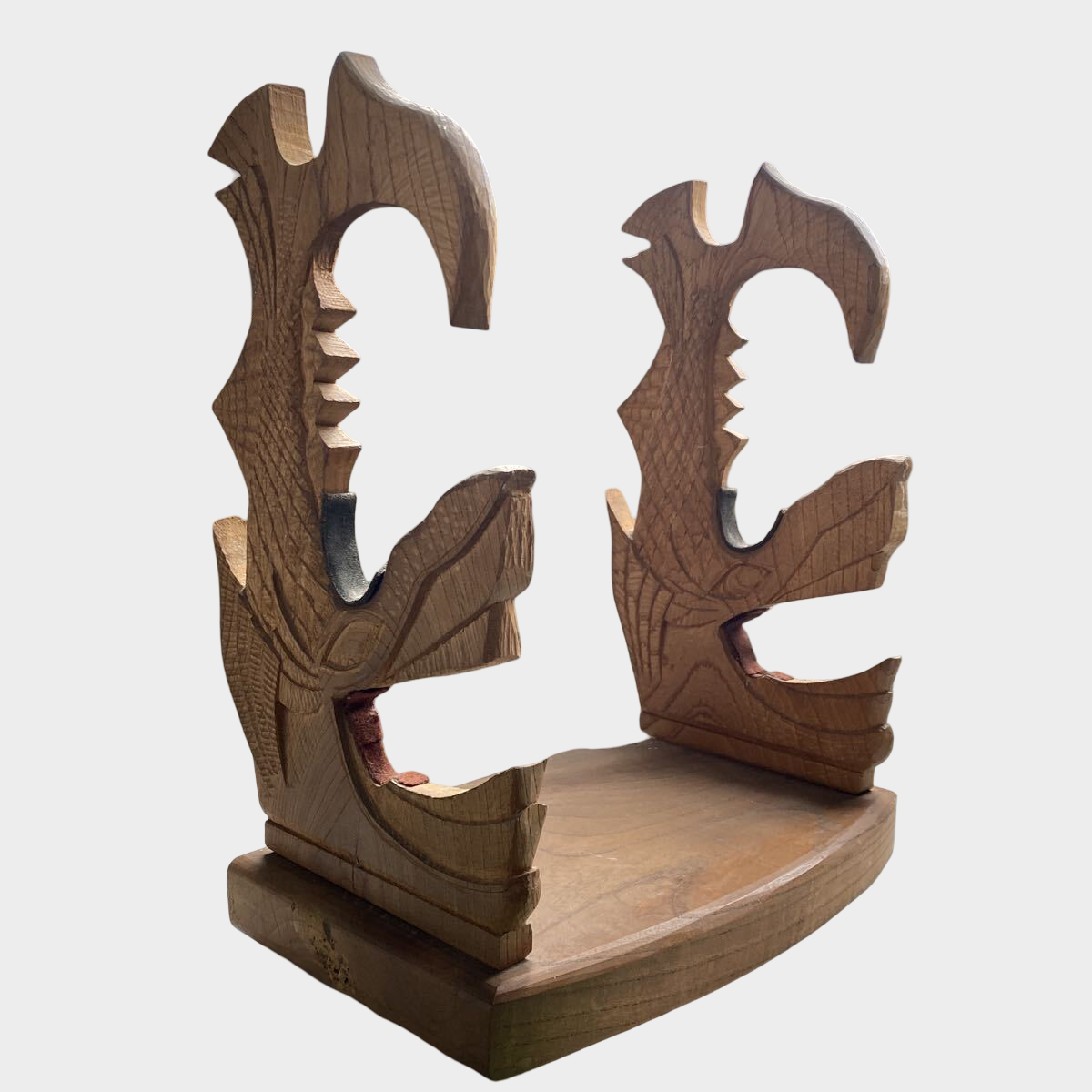 Hand-Carved Wooden Katana Stand with Shachihoko Motifs — Japanese Sword Display Rack, Natural Wood, Showa–Heisei Period
