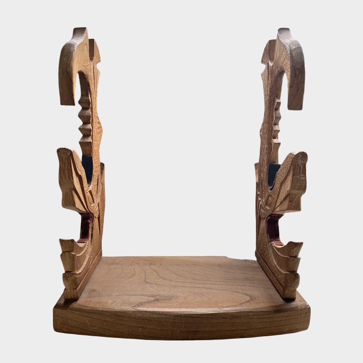 Hand-Carved Wooden Katana Stand with Shachihoko Motifs — Japanese Sword Display Rack, Natural Wood, Showa–Heisei Period