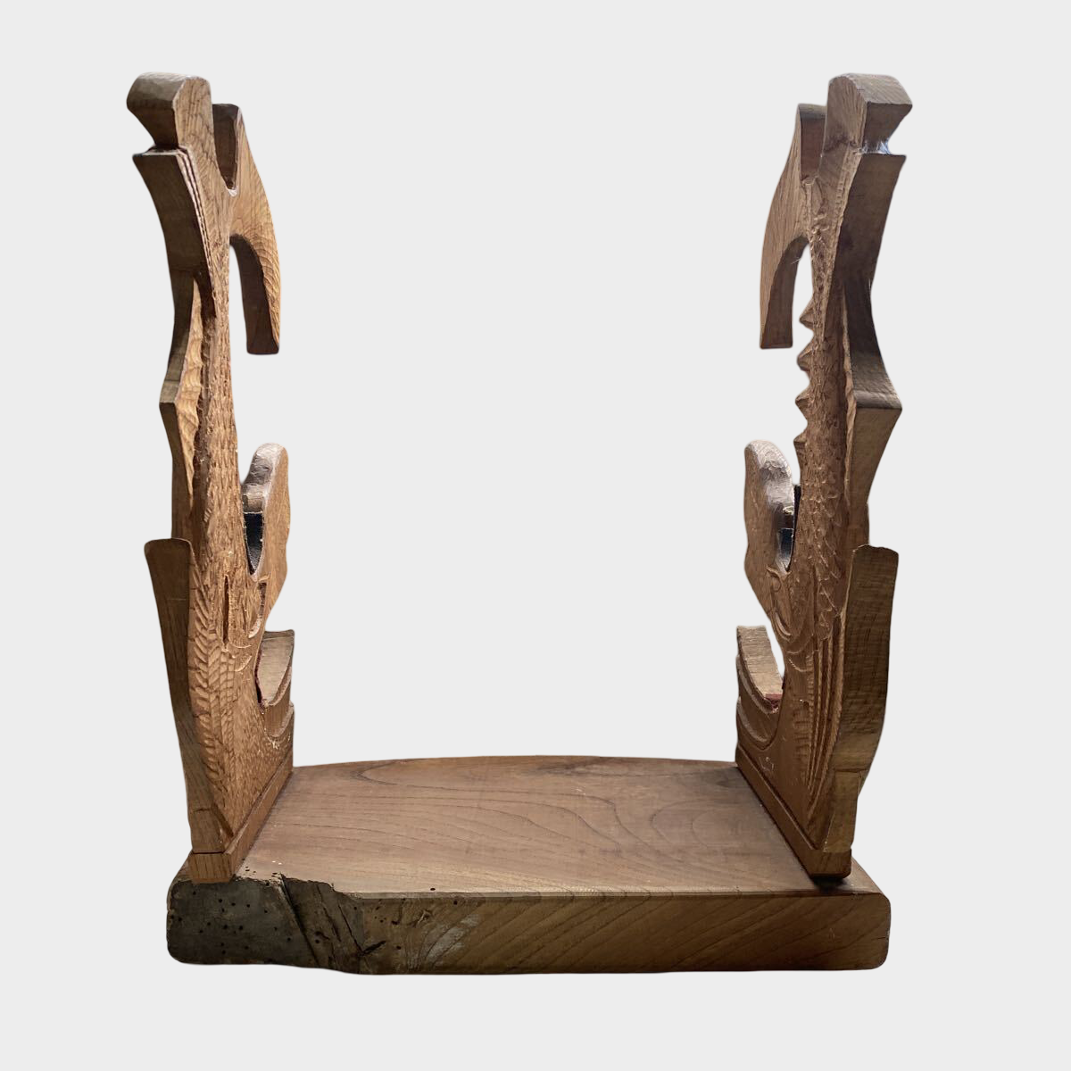 Hand-Carved Wooden Katana Stand with Shachihoko Motifs — Japanese Sword Display Rack, Natural Wood, Showa–Heisei Period