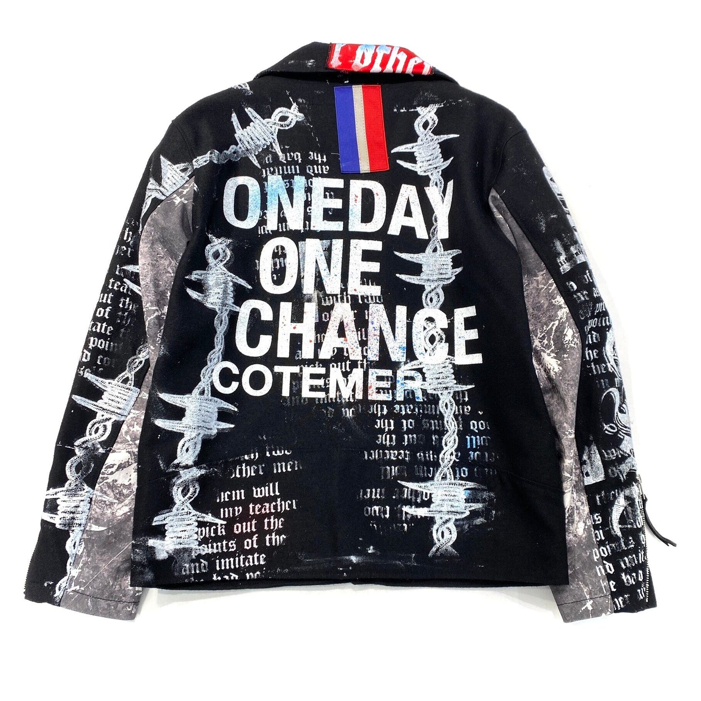 ONE OK ROCK Band "One Day One Chance" Bespoke Hypebeast Japanese Remake Vintage Handmade Custom One and Only One Cote Mer Wagara Upcycle Sustainable Street Fashion Remake Paint  Graffiti Wool x Leather Riders Blouson Jacket ( Size : L )
