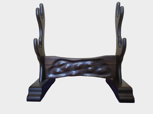 Japanese Carved Wood Sword Stand | Katana Kake Rack | Sculpted Cloud Motif | Display Mount | Approx 38cm
