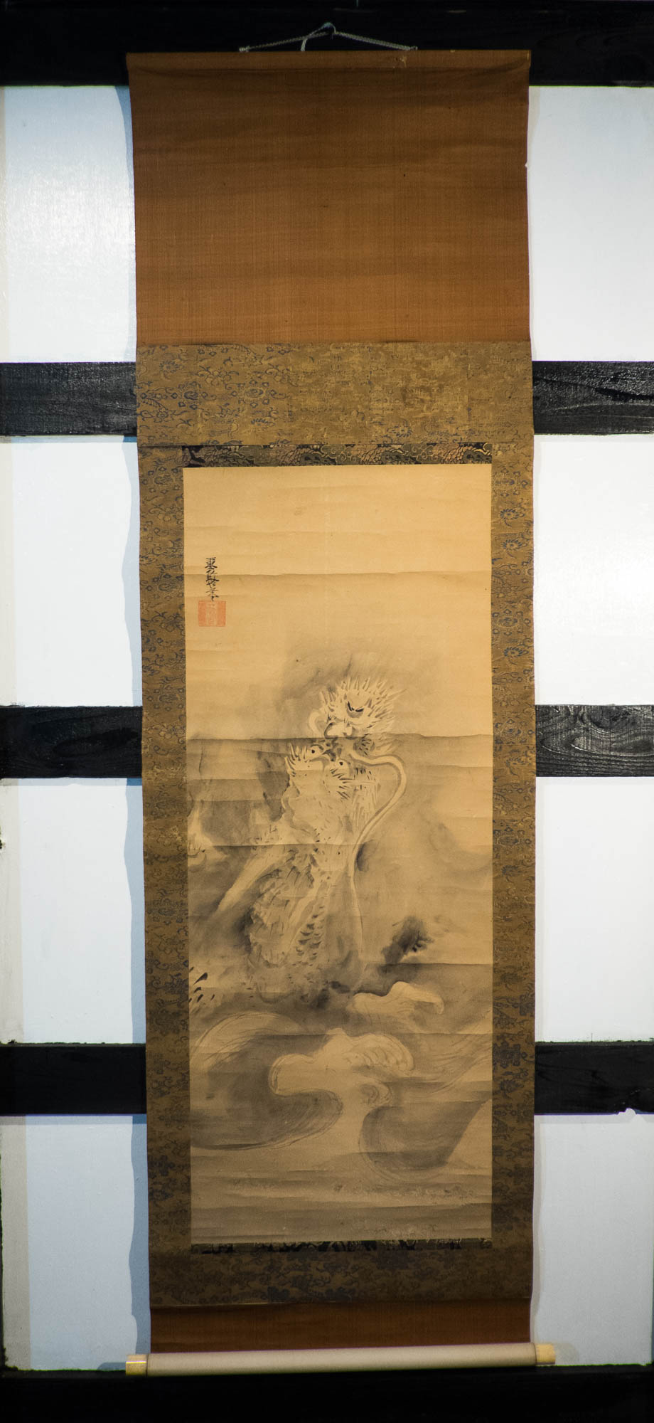 Vintage Japanese Ryu Dragon Hanging Scroll, Dragon Rising from Waves, Inscribed Sumi Ink Kakejiku, Wabi Sabi Wall Art