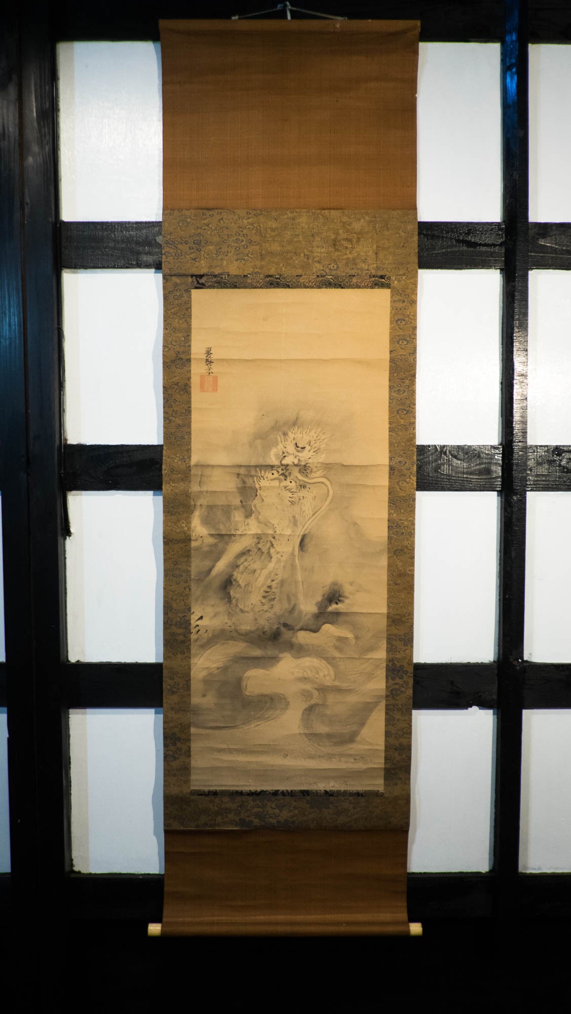 Vintage Japanese Ryu Dragon Hanging Scroll, Dragon Rising from Waves, Inscribed Sumi Ink Kakejiku, Wabi Sabi Wall Art