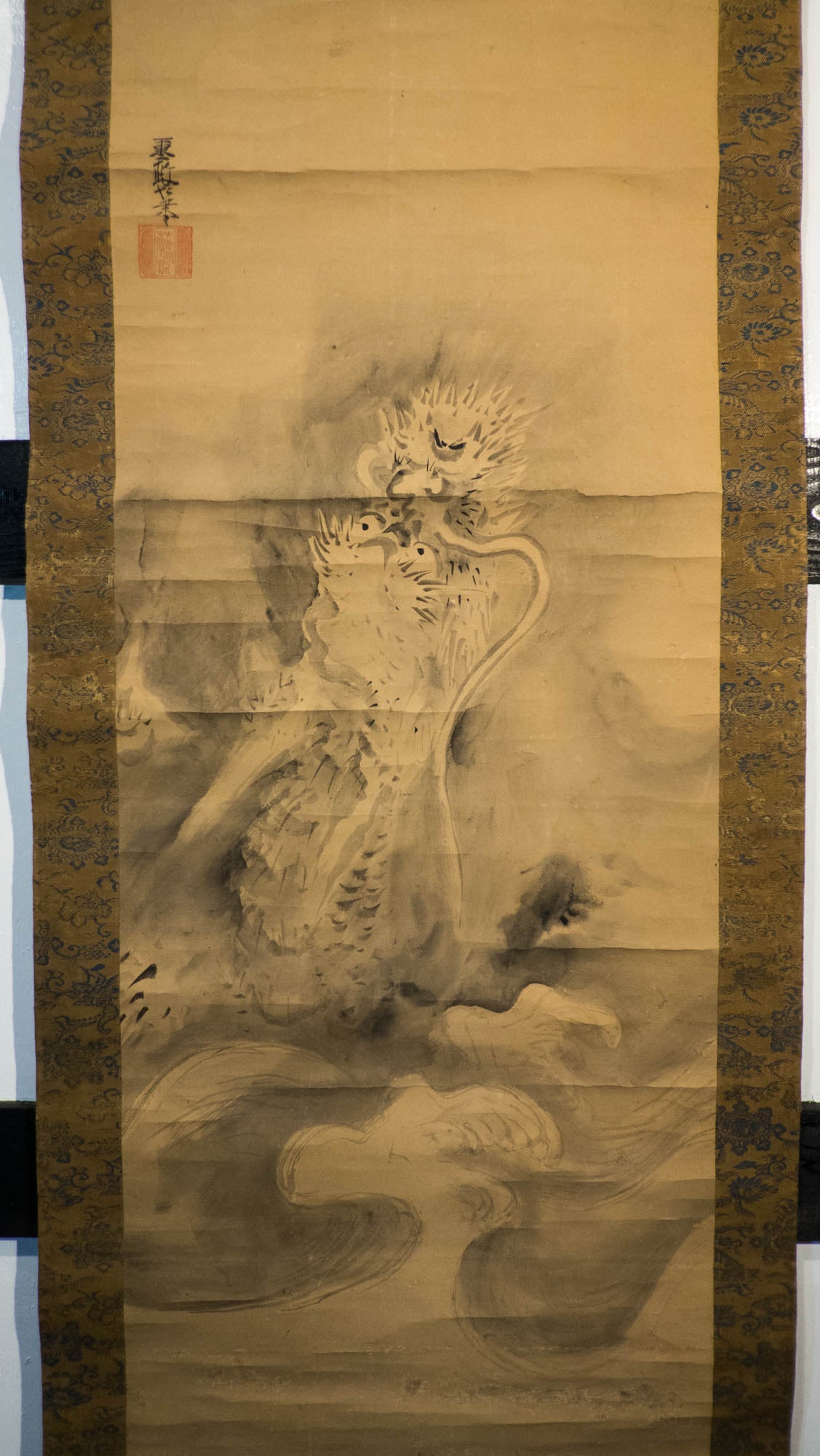 Vintage Japanese Ryu Dragon Hanging Scroll, Dragon Rising from Waves, Inscribed Sumi Ink Kakejiku, Wabi Sabi Wall Art