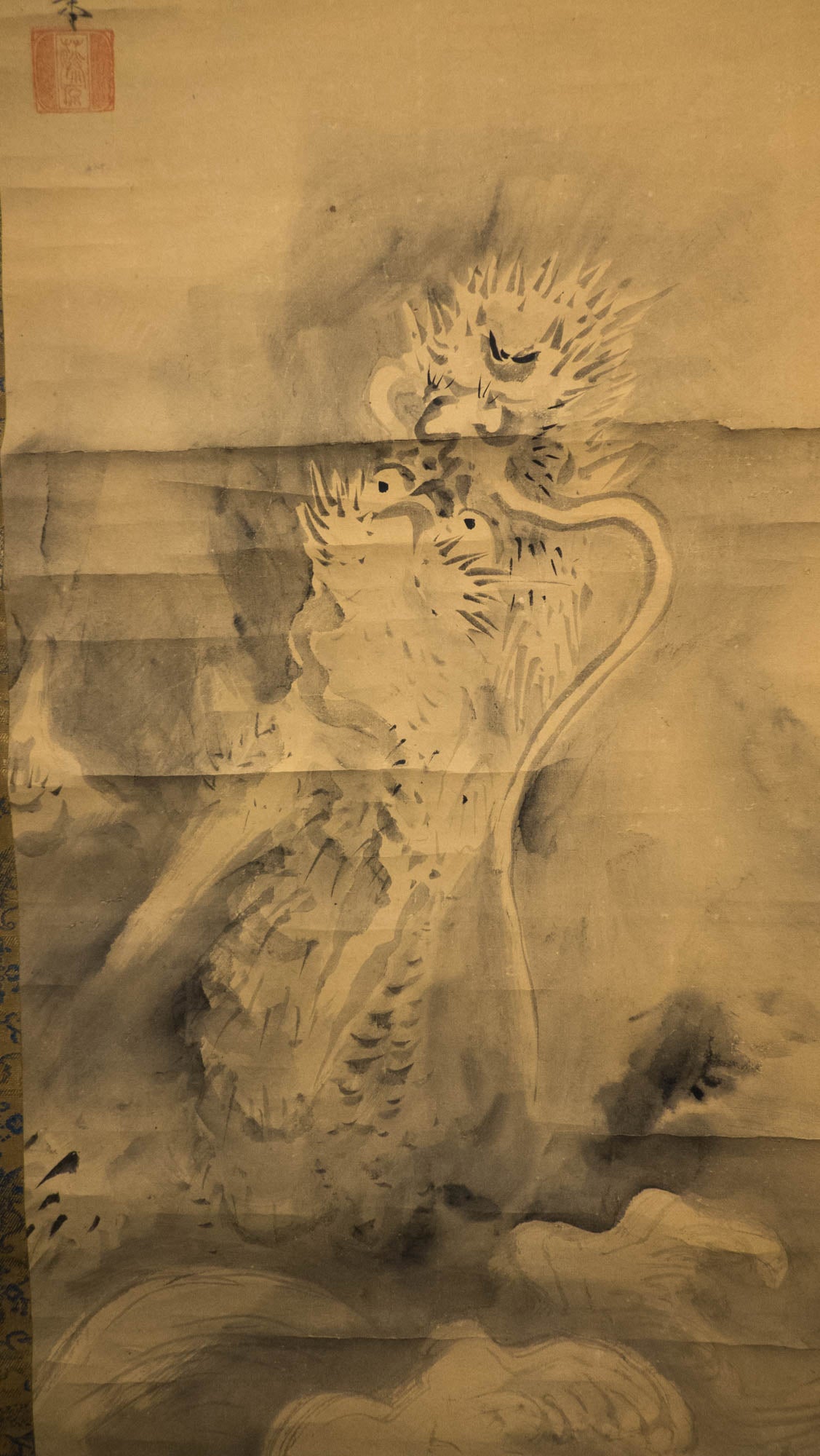 Vintage Japanese Ryu Dragon Hanging Scroll, Dragon Rising from Waves, Inscribed Sumi Ink Kakejiku, Wabi Sabi Wall Art