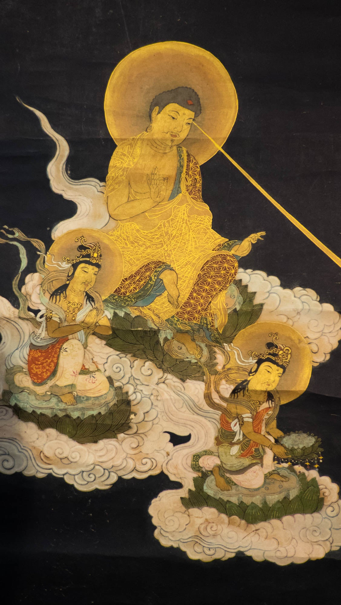 Antique Japanese Raigō Scroll – Amida Buddha Descending with Bodhisattvas – Pure Land Buddhist Hanging Scroll – Spiritual Art for Reflection & Peace