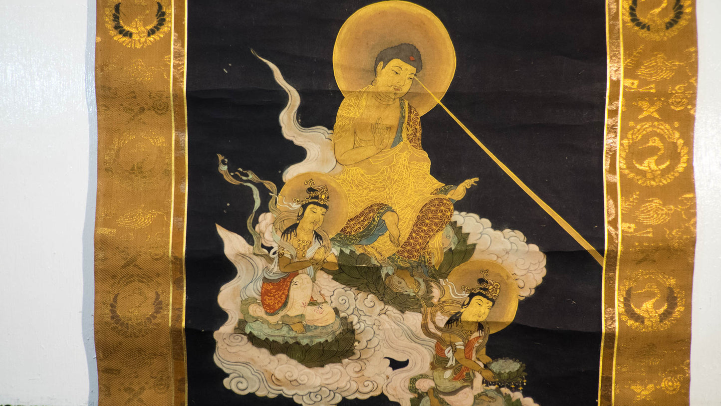 Antique Japanese Raigō Scroll – Amida Buddha Descending with Bodhisattvas – Pure Land Buddhist Hanging Scroll – Spiritual Art for Reflection & Peace
