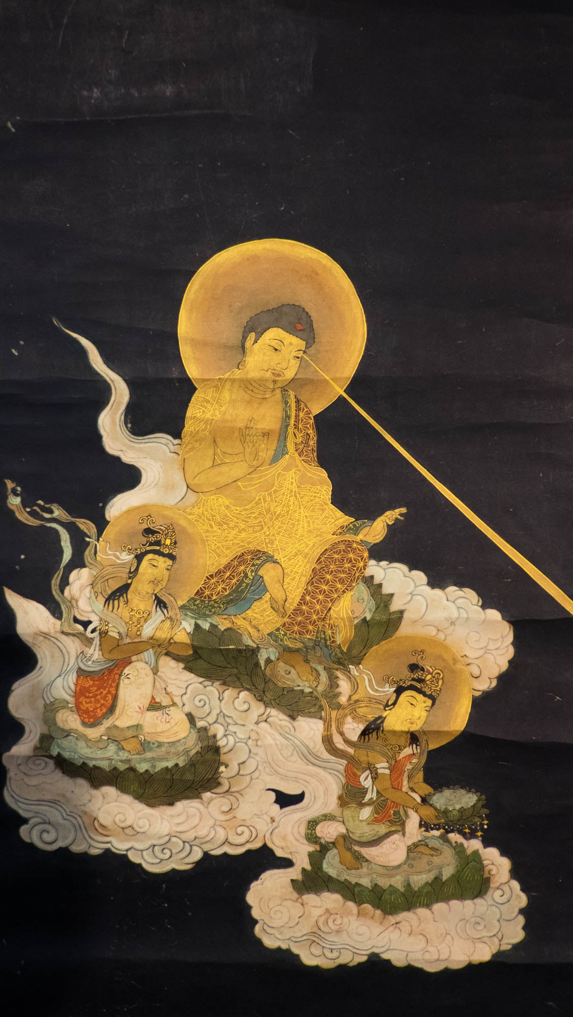 Antique Japanese Raigō Scroll – Amida Buddha Descending with Bodhisattvas – Pure Land Buddhist Hanging Scroll – Spiritual Art for Reflection & Peace