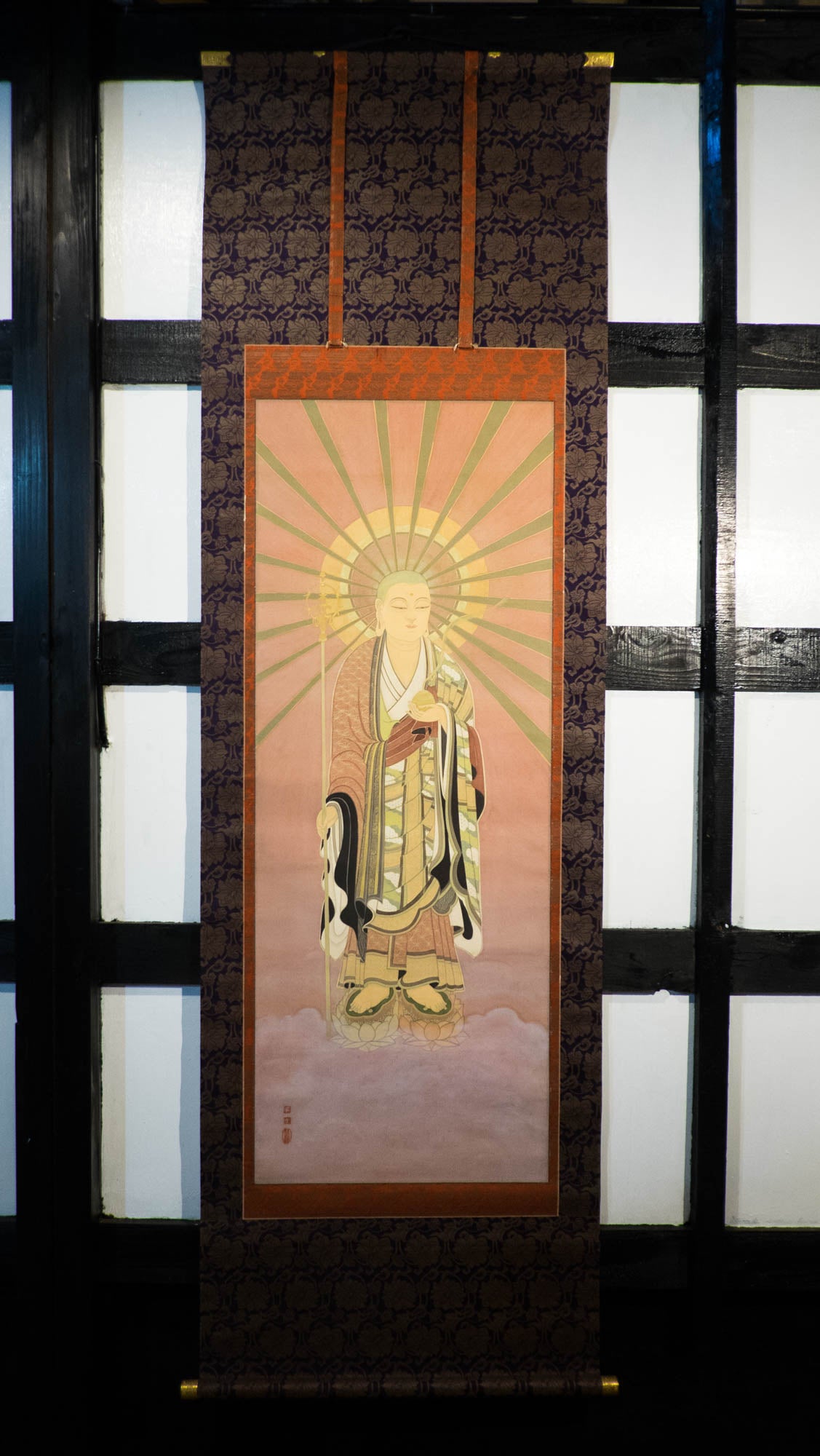 Vintage Japanese Jizō Bosatsu Hanging Scroll, Ksitigarbha Buddhist Silk Painting, Guardian of Children & Travelers, Kakejiku
