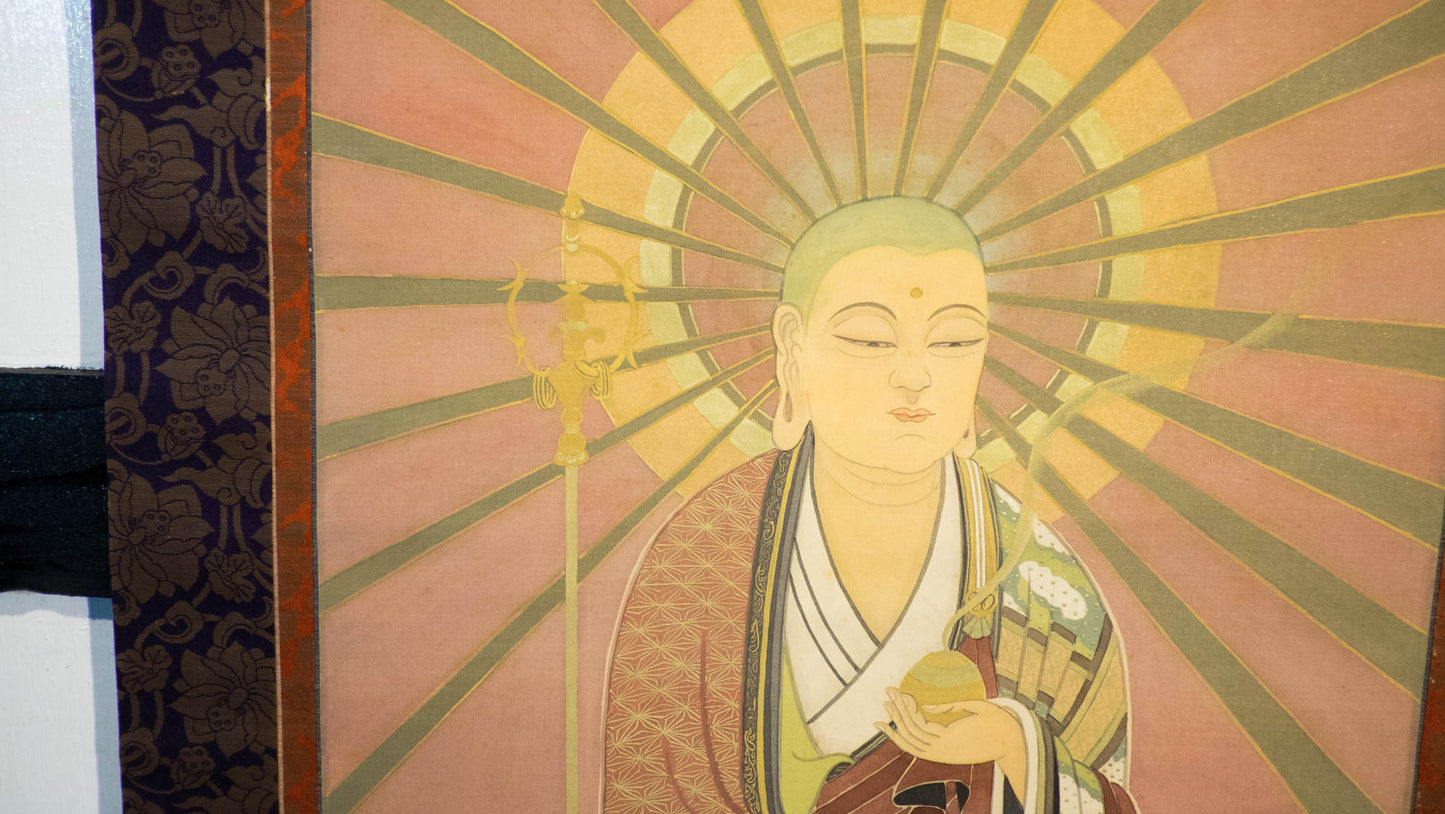 Vintage Japanese Jizō Bosatsu Hanging Scroll, Ksitigarbha Buddhist Silk Painting, Guardian of Children & Travelers, Kakejiku
