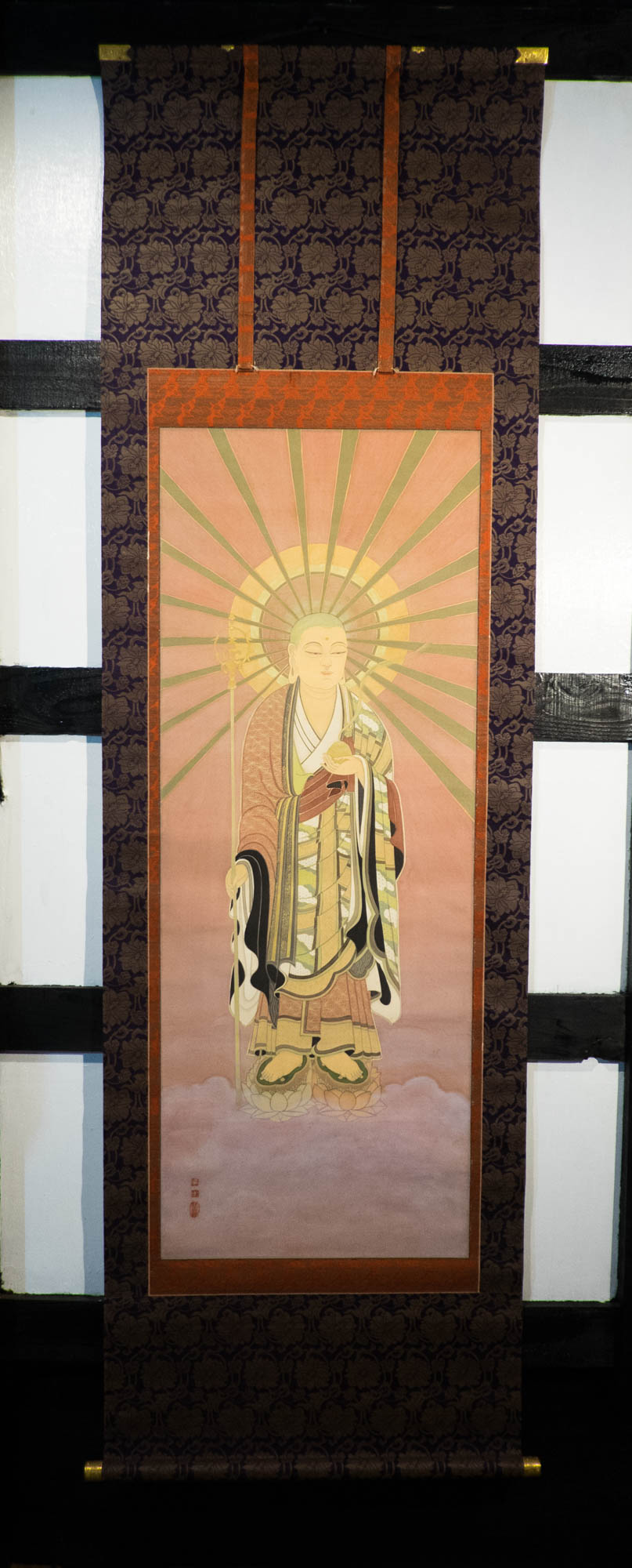 Vintage Japanese Jizō Bosatsu Hanging Scroll, Ksitigarbha Buddhist Silk Painting, Guardian of Children & Travelers, Kakejiku