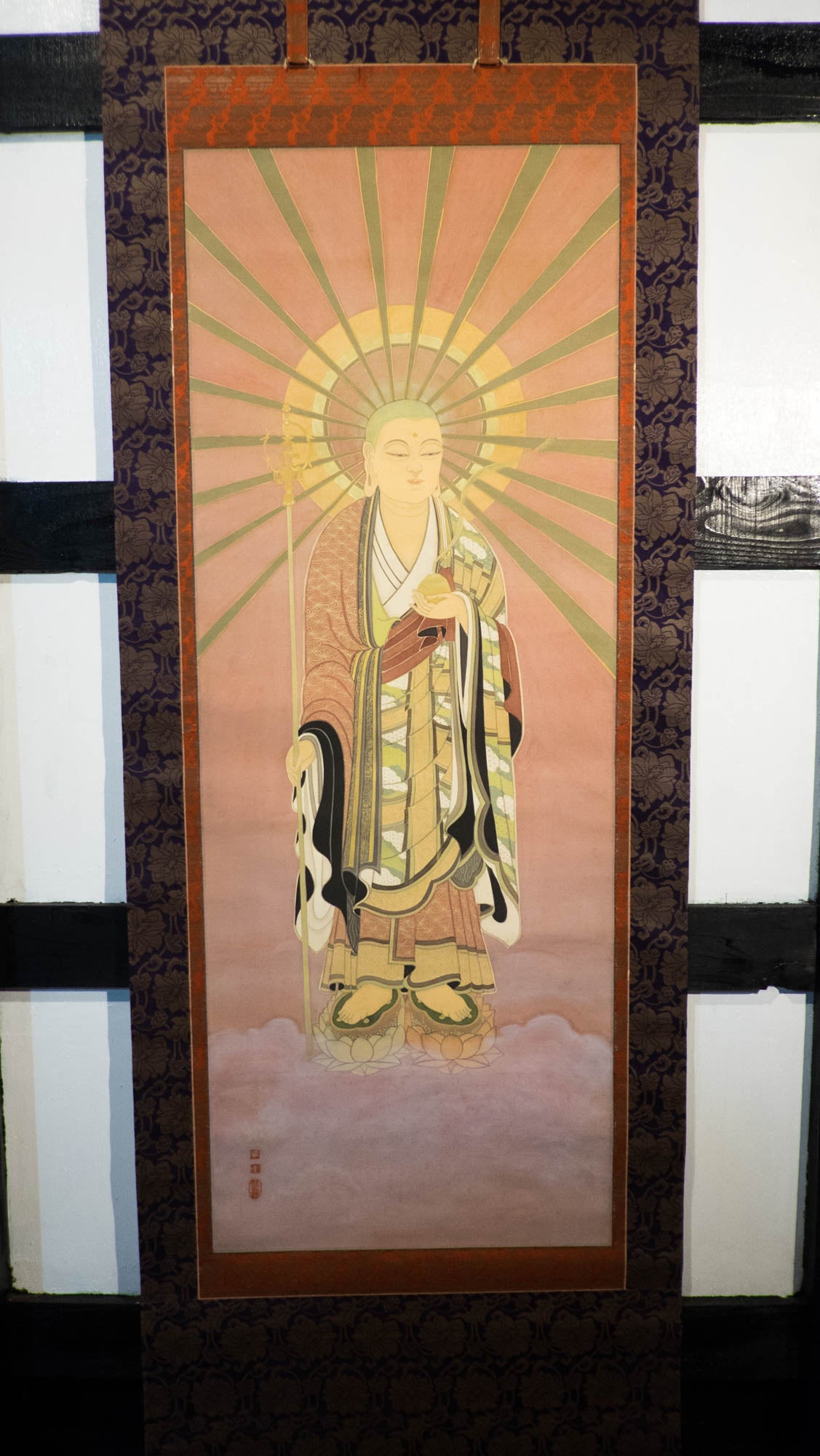 Vintage Japanese Jizō Bosatsu Hanging Scroll, Ksitigarbha Buddhist Silk Painting, Guardian of Children & Travelers, Kakejiku