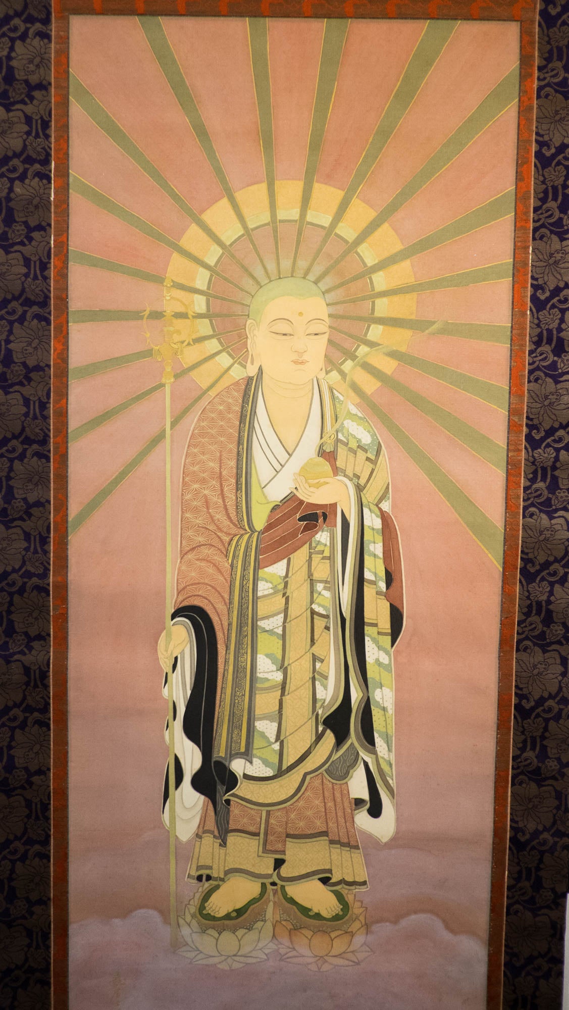 Vintage Japanese Jizō Bosatsu Hanging Scroll, Ksitigarbha Buddhist Silk Painting, Guardian of Children & Travelers, Kakejiku