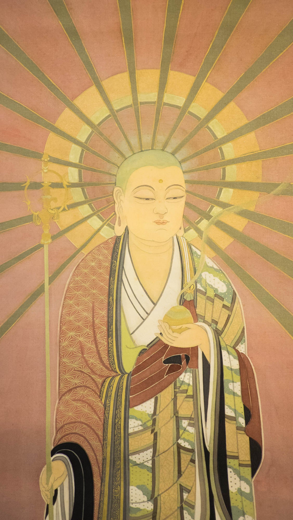 Vintage Japanese Jizō Bosatsu Hanging Scroll, Ksitigarbha Buddhist Silk Painting, Guardian of Children & Travelers, Kakejiku