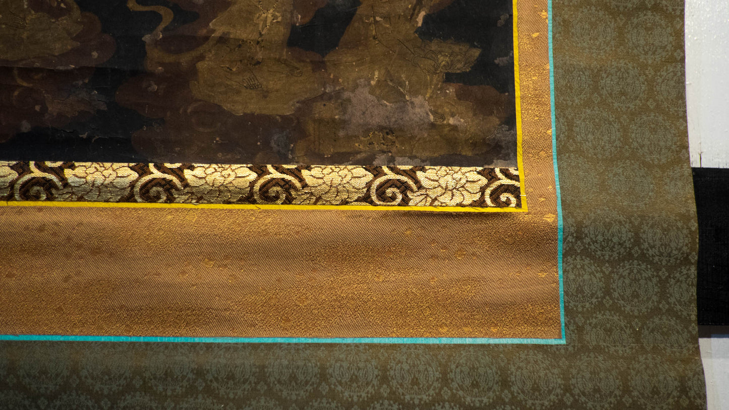 Antique Japanese Thirteen Buddhas Scroll, Jūsanbutsu Gold Buddhist Kakejiku, Memorial Temple Art, Edo Meiji Silk Painting