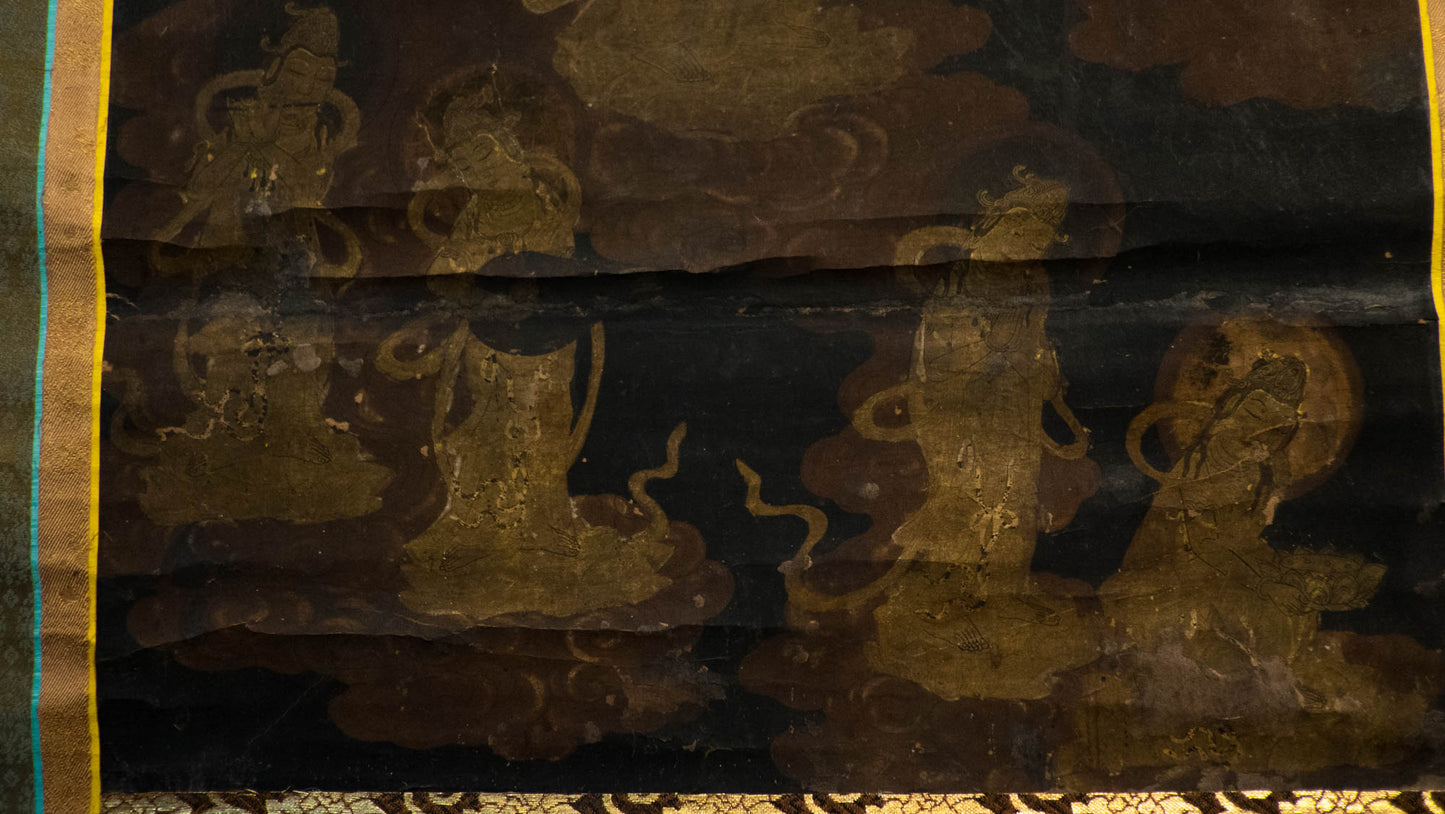 Antique Japanese Thirteen Buddhas Scroll, Jūsanbutsu Gold Buddhist Kakejiku, Memorial Temple Art, Edo Meiji Silk Painting