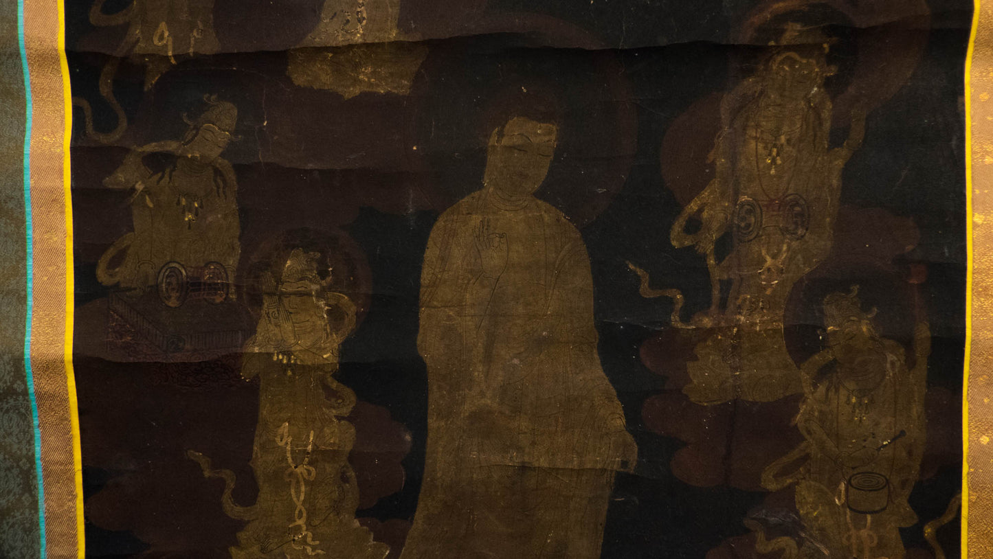 Antique Japanese Thirteen Buddhas Scroll, Jūsanbutsu Gold Buddhist Kakejiku, Memorial Temple Art, Edo Meiji Silk Painting