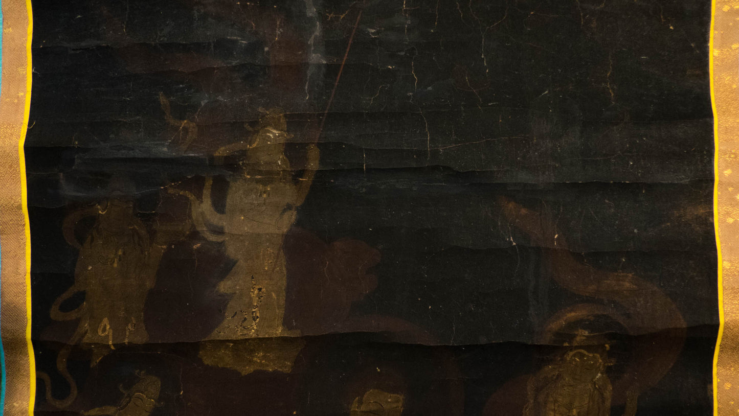 Antique Japanese Thirteen Buddhas Scroll, Jūsanbutsu Gold Buddhist Kakejiku, Memorial Temple Art, Edo Meiji Silk Painting